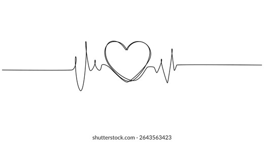Continuous one line drawing of heart beat pulse line with love shape. Heart care in single line draw illustration. Editable stroke, Heartbeat Continuous Line Art Illustration, Illustration of a heart