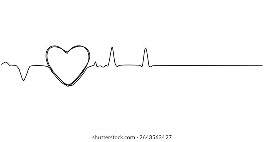 Continuous one line drawing of heart beat pulse line with love shape. Heart care in single line draw illustration. Editable stroke, Heartbeat Continuous Line Art Illustration, Illustration of a heart