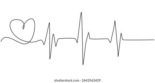 Continuous one line drawing of heart beat pulse line with love shape. Heart care in single line draw illustration. Editable stroke, Heartbeat Continuous Line Art Illustration, Illustration of a heart