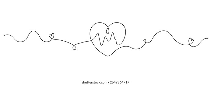 Continuous one line drawing of a heart with heartbeat pulse. Minimalist cardiogram icon in linear style. Vector illustration for medical, health, or love concepts.