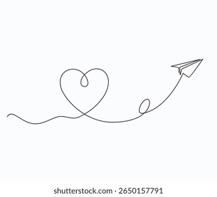 Continuous one line drawing of heart with Paper plane isolated on white background. Vector illustration