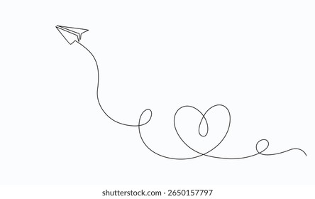 Continuous one line drawing of heart with Paper plane isolated on white background. Vector illustration