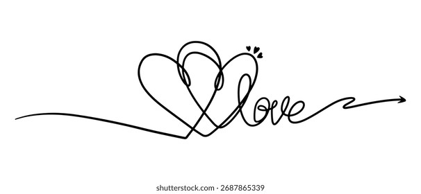 Dibujo continuo de una línea Forma del corazón y tipografía de palabras de amor Diseño minimalista