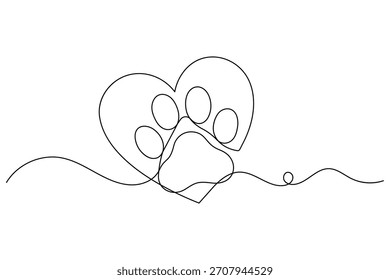 Continuous one line drawing of a heart and a paw print, symbolizing pet love and care