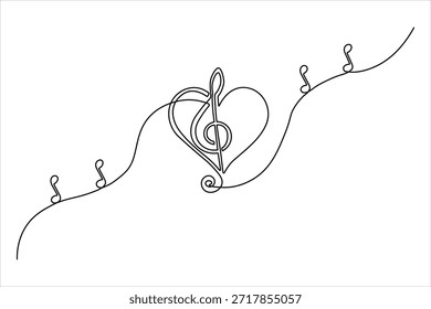 Dibujo continuo de una línea de un corazón combinado con un símbolo de música de clave de agudos. Diseño artístico minimalista para el amor de la música sobre fondo blanco.