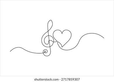 Dibujo continuo de una línea de un corazón combinado con un símbolo de música de clave de agudos. Diseño artístico minimalista para el amor de la música sobre fondo blanco.