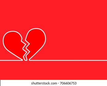 Continuous one line drawing of heart broken icon on red background. EPS10 vector illustration for design element, postcard, banner, template, web, wallpaper. Thin line image of two pieces of heart.