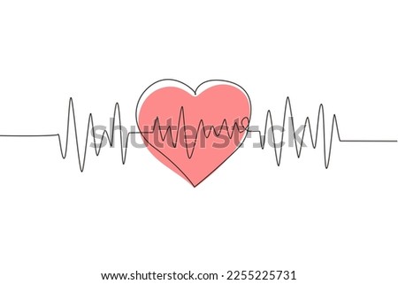 Continuous one line drawing heart pulse logo icon. Red and white colors. Heartbeat lone, cardiogram. Beautiful healthcare, medical background. Single line draw design vector graphic illustration
