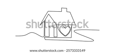 Continuous one line drawing heart inside house, Love in family symbol. Minimalist contour vector illustration made of single thin line black and white