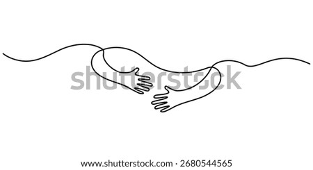 Continuous one line drawing of heart symbol with hand embrace vector illustration. Continuous one line drawing of hug love symbol. Editable outline