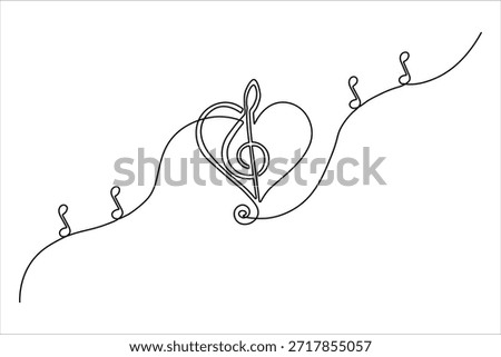 Continuous one line drawing of a heart combined with a treble clef music symbol. Minimalist artistic design for love of music on white background.