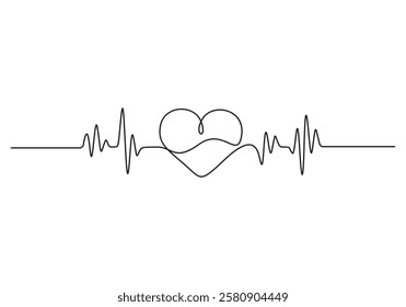 Continuous one line drawing of heartbeat pulse.  Simple heartbeat pulse single line art vector illustration