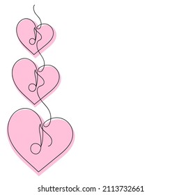 Dibujo continuo de una línea. Corazones y notas musicales. Ilustración vectorial dibujada a mano. Diseño decorativo para tarjetas de felicitación. Copiar espacio para texto