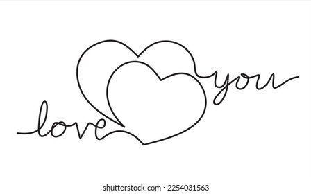 Continuo dibujo de una línea de corazones con la inscripción "te amo". Concepto del Día de San Valentín. 
