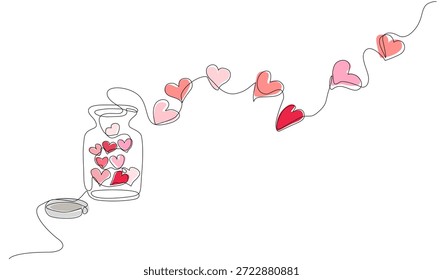 Dibujo continuo de una línea de corazones flotando de un frasco de vidrio abierto. Concepto de difundir el amor, la libertad y el romance. Arte vectorial minimalista. Trazo editable