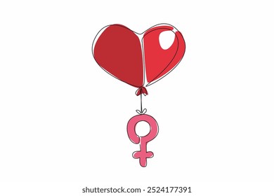 Continuous one line drawing heart-shaped balloon, floats above female gender symbol. Balloon represents love, care and compassion. National Wear Red Day. Single line draw design vector illustration