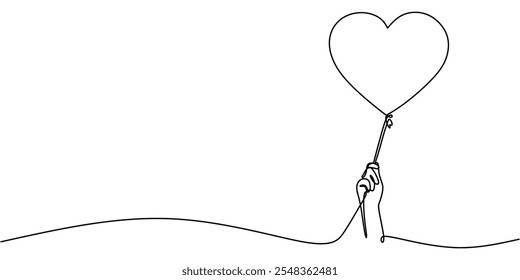 Continuous one line drawing of a heart-shaped balloon floating, representing the joyous and uplifting nature of love.