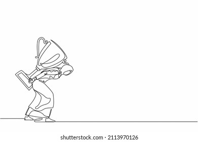 Continuous one line drawing heavy burden of victory business concept. Tired and disappointed Arabic businesswoman is carrying huge golden trophy on back. Single line design vector graphic illustration