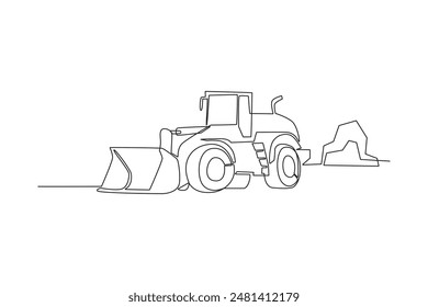 Continuous one line drawing of heavy equipment used in the mining process. Woman digging and mining for treasure chest in underground tunnel. Single line draw design vector