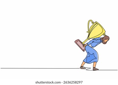 Continuous one line drawing heavy burden of victory business concept. Tired and disappointed businesswoman is carrying huge golden trophy on back. Single line draw design vector graphic illustration