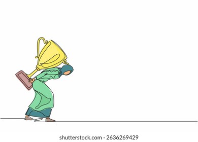Continuous one line drawing heavy burden of victory business concept. Tired and disappointed Arabic businesswoman is carrying huge golden trophy on back. Single line design vector graphic illustration