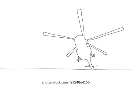 Continuous one line drawing helicopter. Vector illustration air war transport banner concept line art, outline silhouette.