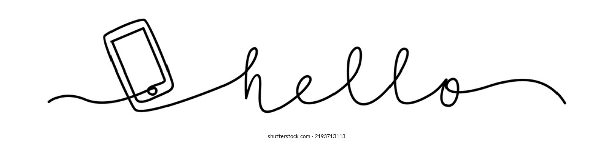 Continuous one line drawing of hello hand lettering - Vector icon isolated on white 