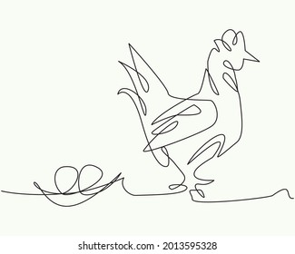 Continuous one line drawing of hen and eggs. Collection of farm design elements. Vector illustration of hen and eggs for for packaging or logo farm, restaurant, food products, and bird butchery shop.