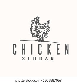 Continuous one line drawing of hen chicken logo abstract line art vector design
