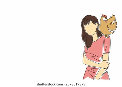 Continuous one line drawing hen perched on the shoulder of woman in casual clothes. Visiting the farm. Active pets. International Respect for Chickens Day. Single line draw design vector illustration