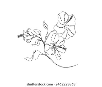 Continuous one line drawing of hibiscus flower. Rose mallow single outline vector design. Editable stroke.