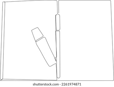 Continuous one line drawing highlighter on book. School and office supplies concept. Single line draw design vector graphic illustration.