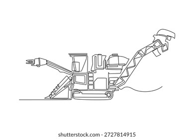 Máquina agrícola de alta tecnología de dibujo continuo de una línea con múltiples piezas articuladas. Ingeniería avanzada utilizada en mantenimiento de campo, cosecha. Ilustración gráfica de Vector de diseño de línea única