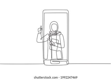 Continuous one line drawing hijab female doctor comes out of smartphone screen holding clipboard. Online medical services, medical consultation. Single line draw design vector graphic illustration