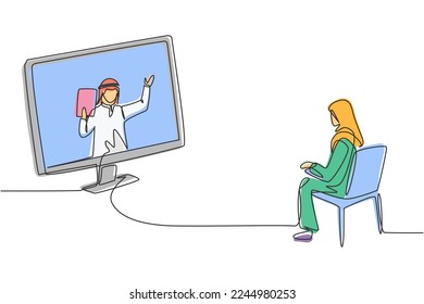 Continuous one line drawing hijab female student sitting studying staring at monitor screen and inside laptop there is male Arabian lecturer who is teaching. Single design vector graphic illustration