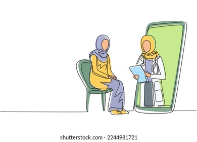 Continuous one line drawing hijab female doctor holding clipboard checking condition of Arab female patient sitting on chair. Online consultation. Single line draw design vector graphic illustration