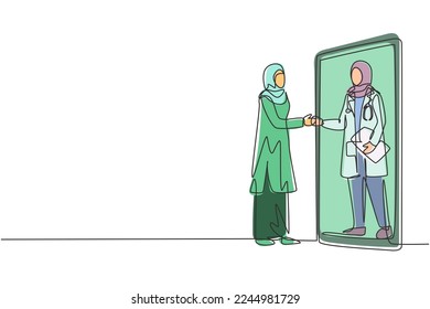 Continuous one line drawing hijab female patient shaking hands with female doctor in smartphone holding clipboard. Online medical consultation. Single line draw design vector graphic illustration