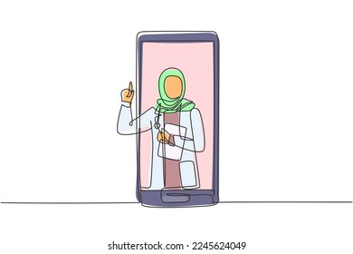 El contínuo dibujo de una línea que dibuja a una doctora hijab sale de la pantalla del smartphone sosteniendo el portapapeles. Servicios médicos en línea, consulta médica. ilustración vectorial de diseño de línea única