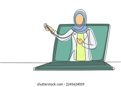 Kontinuierlich eine Linie Zeichnung hijab weiblichen Arzt kommt aus Laptop-Bildschirm halten Stethoskop. Online-medizinische Dienste, medizinische Beratung. Vektorgrafik-Illustration mit Einzelzeilenzeichnung