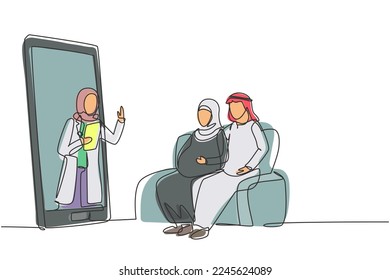 Continuous one line drawing hijab female doctor comes out from smartphone screen facing patient and gives consultation to patient young couple with pregnant wife. Single line design vector graphic