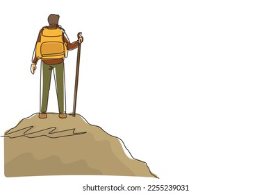 Continuous one line drawing hiker and backpack top mountain  Trekking man simple sketch  Happy climber reached the summit the mountain  Single line draw design vector graphic illustration