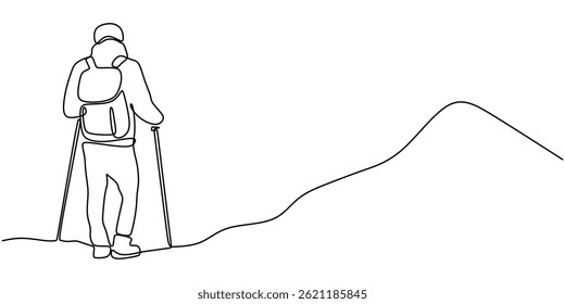 Continuous One Line Drawing Hiker with Backpack and Trekking Poles. Minimalist Mountain Climbing Outdoor Adventure Vector.