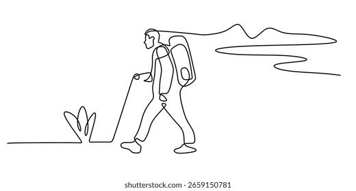 Kontinuierliche einzeilige Zeichnung eines Wanderers mit Rucksack Trekking in der Natur. Minimalistischer Vektor, der Abenteuer, Reisen und Erkundungen im Freien repräsentiert.