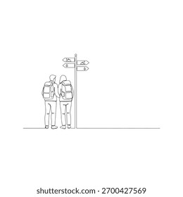 Desenho contínuo de uma linha de um casal de caminhantes com mochilas olhando para um posto de sinalização de direção, viagem e conceito de escolha.
