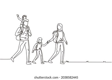 Continuous one line drawing hiking family with two children. Group of people with backpacks on mountain landscape. Mom, dad, son and daughter. Family time. Single line draw design vector illustration