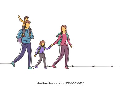 Continuous one line drawing hiking family with two children. Group of people with backpacks on mountain landscape. Mom, dad, son and daughter. Family time. Single line draw design vector illustration
