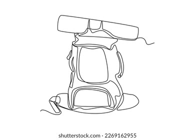 Continuous one line drawing hiking backpacks. Travel experience concept. Single line draw design vector graphic illustration.