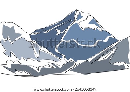 Continuous one line drawing Himalayas with its plains. The dream peak of mountain climbers. Cold snowy route. Extremely low temperature. Mount Everest Day. Single line draw design vector illustration