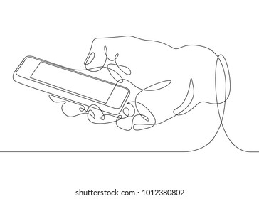 Continuous one line drawing In his hand phone smartphone