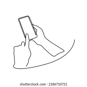 Continuous one line drawing In his hand phone smartphone. continuous line drawing of hand using modern mobile phone. Smartphone object minimalist design illustration with simplicity design.